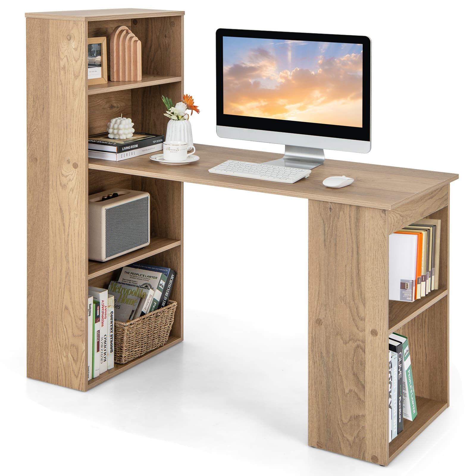 Bureau d'Ordinateur Réversible avec Bibliothèque Poste de Travail Moderne avec Étagères de Rangement
